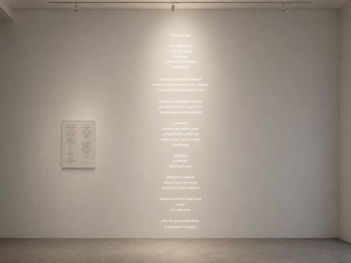 A dim gallery wall with part of the text projected in white light from above, and a small square plaque hung to the left.